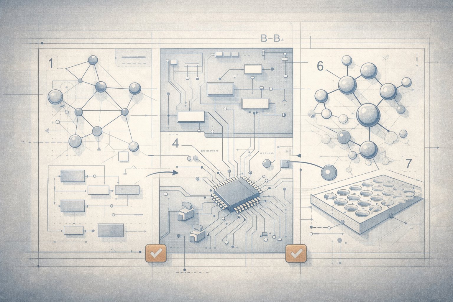 Patent-style illustration combining software, electronics, and biotech motifs.