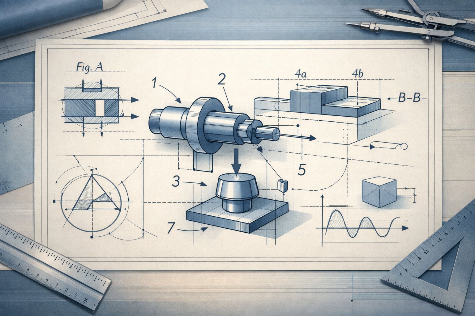 Patent-style illustration of a technical drawing sheet with callouts and drafting marks.