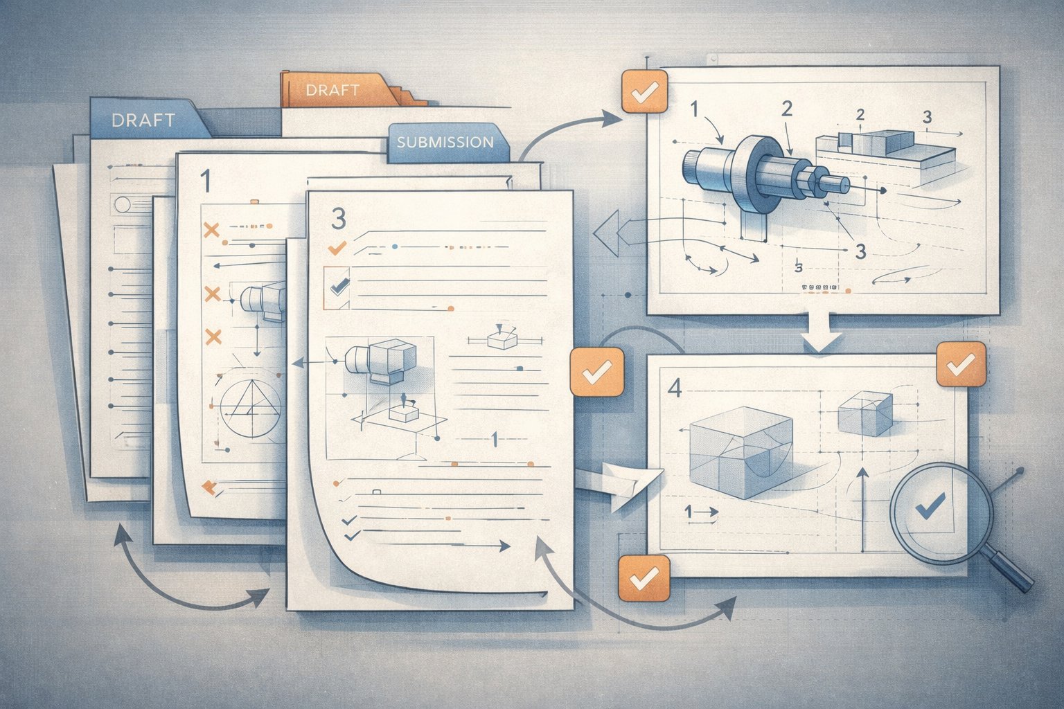Patent-style illustration of application preparation and prosecution workflow documents.