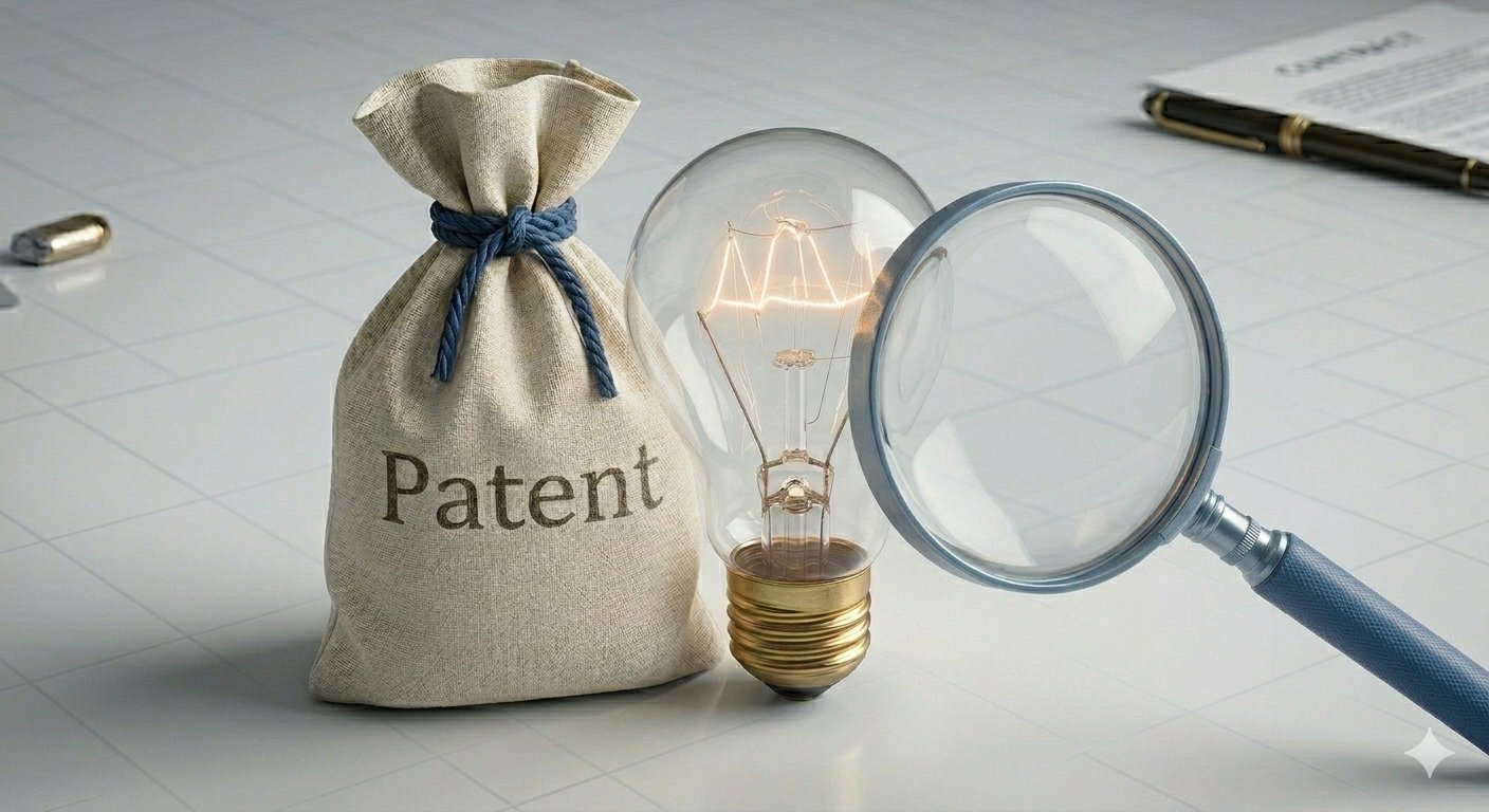 Patent-style illustration combining software, electronics, and biotech motifs.